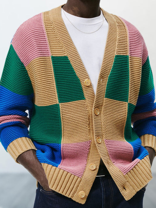 Men's Contrast Colour Cardigan Sweater Autumn and Winter Woollen Jacket