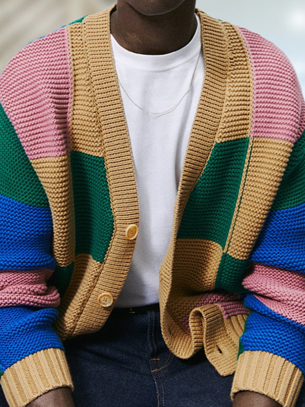 Men's Contrast Colour Cardigan Sweater Autumn and Winter Woollen Jacket
