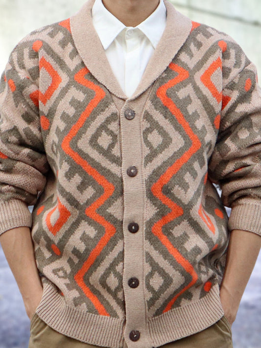 Men's Retro Jacquard Cardigan lapel long-sleeved knitted jacket Sweater