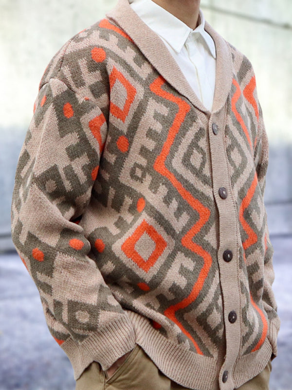 Men's Retro Jacquard Cardigan lapel long-sleeved knitted jacket Sweater