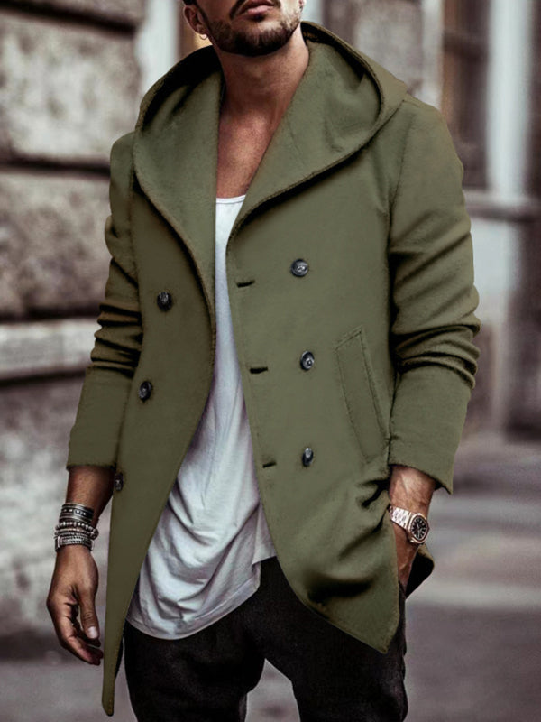 Men's mid-length lapel hooded double-breasted casual Trench coat