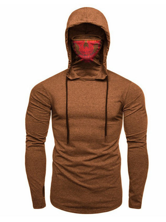 Men's fitness cycling elastic mask skull print hooded pullover long-sleeved T-shirt
