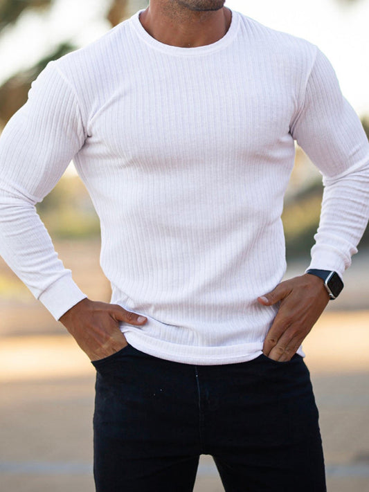 Men's Fitness Casual Elastic vertical Stripe Round Neck long-sleeved T-shirt
