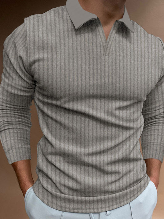 Men's Casual stand-up collar Stretch Vertical Strip long-sleeve V-neck POLO