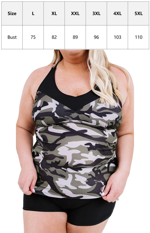 Women's Camouflage Patchwork Crisscross Plus Size Tankini Vest