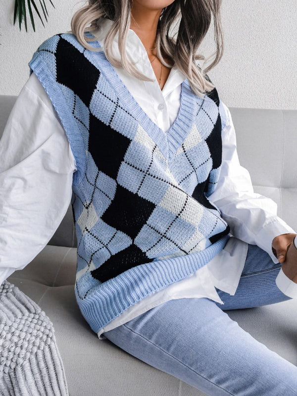 Women's Diamond Shape V-neck Loose knit vest Sweater