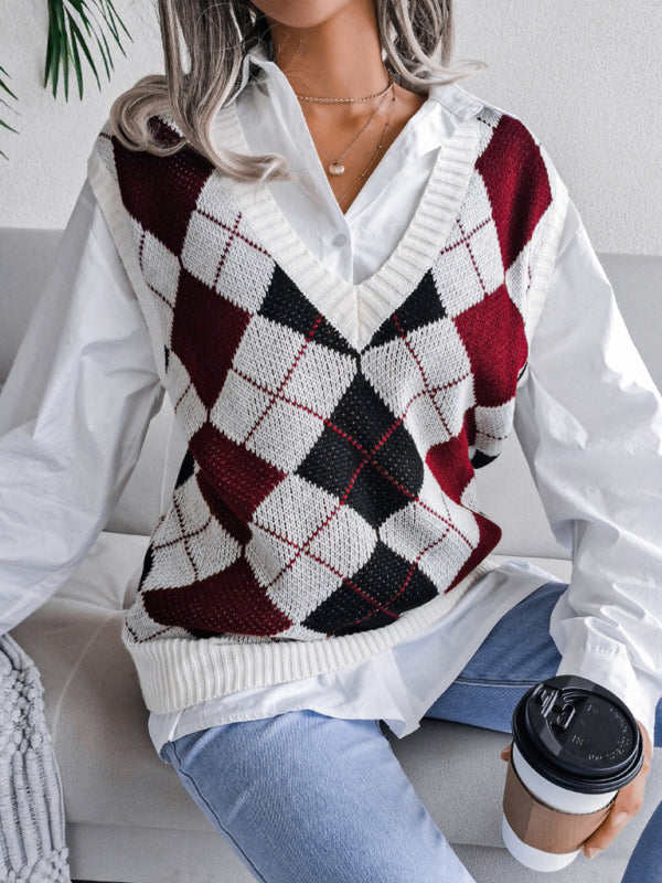 Women's Diamond Shape V-neck Loose knit vest Sweater
