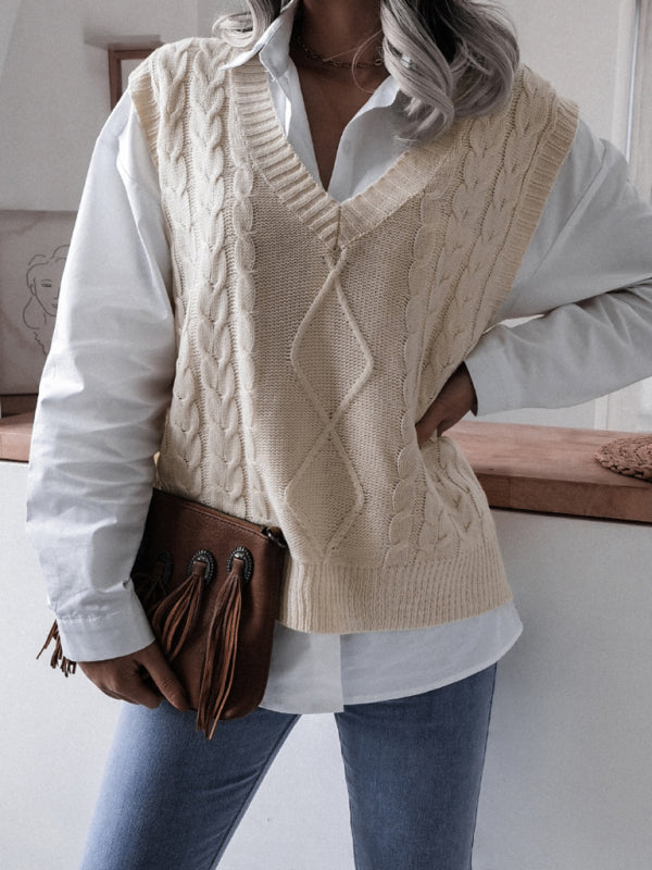 Women's V-neck Twist Loose knit Vest Sweater