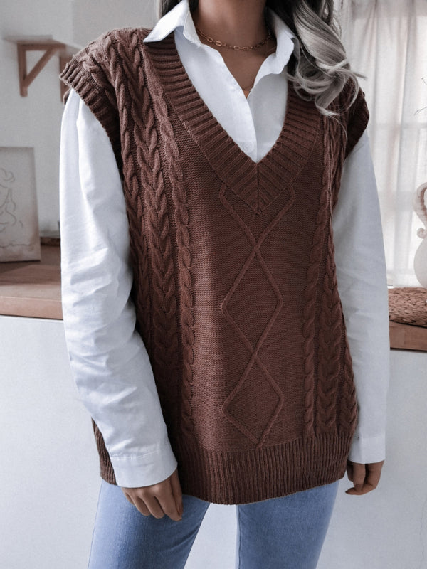 Women's V-neck Twist Loose knit Vest Sweater