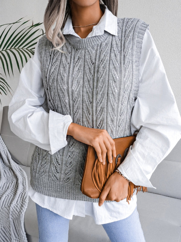 Women's Round Neck Hollow leaf Knitted vest Sweater