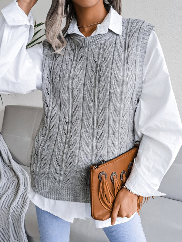 Women's Round Neck Hollow leaf Knitted vest Sweater