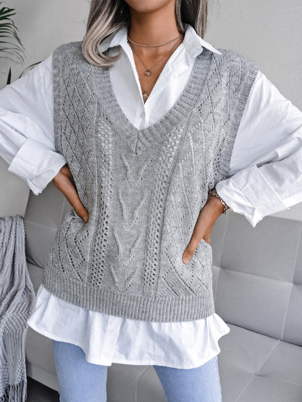 Women's Hollow Twist V-neck knitted Vest sweater
