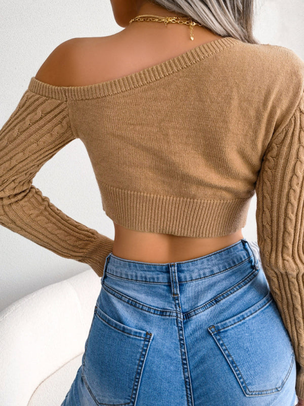 Women's Twist Off Shoulder Long Sleeve Cropped Knit Sweater