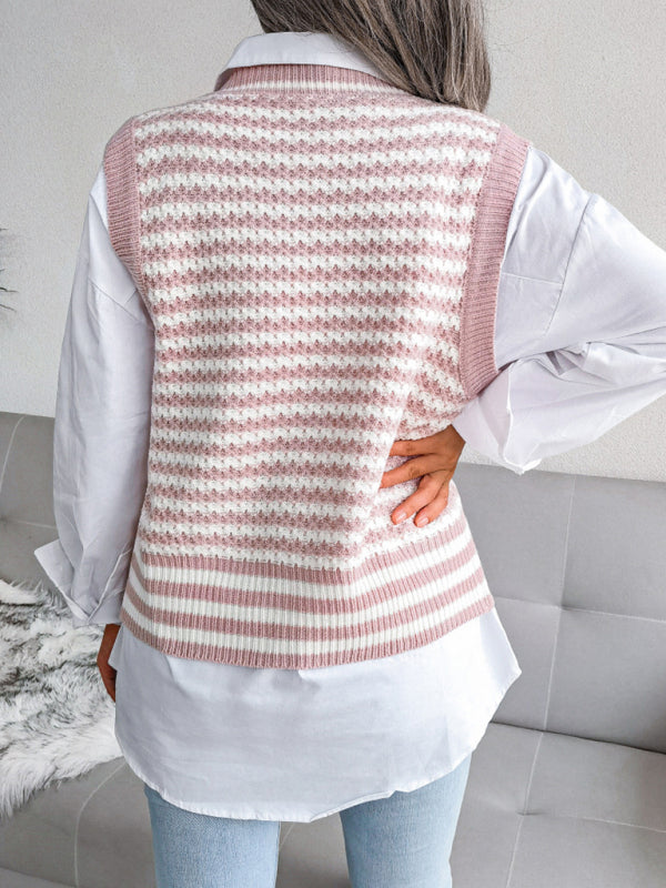 Women's V-Neck Striped Knit Tank Top Sweater