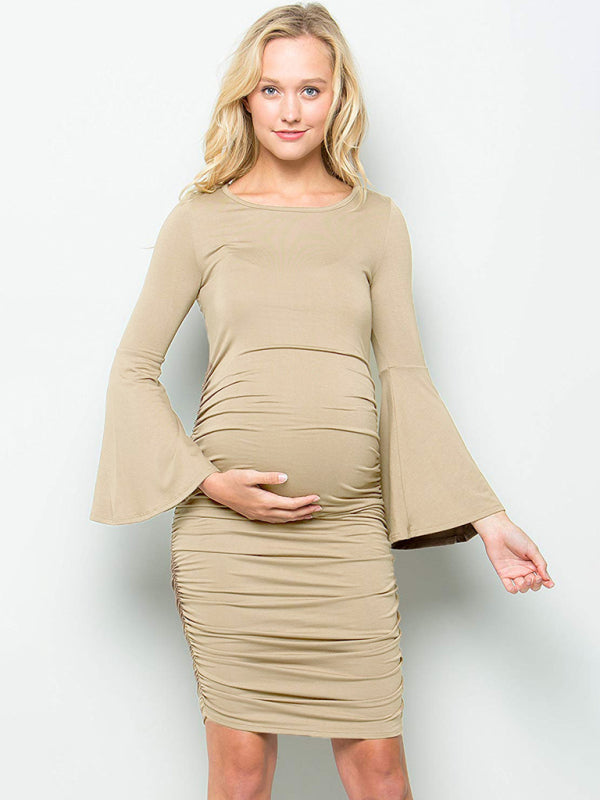 Women’s Ruched Crew Neckline Pullover Style Bell Style Sleeves Midi Length Maternity Dress