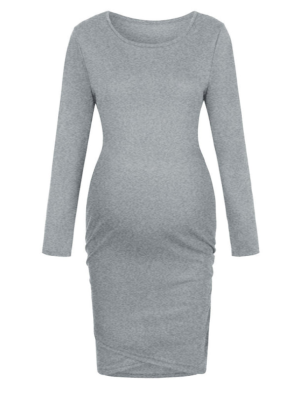 Round Neck long sleeve solid Irregular Maternity Dress