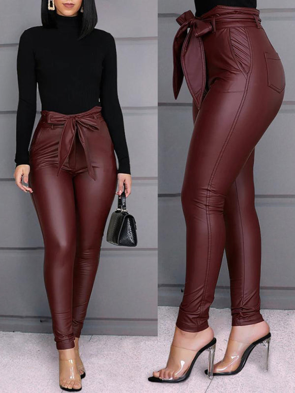 Women’s Slim Fit Tie Belt Faux Leather Pants Trousers