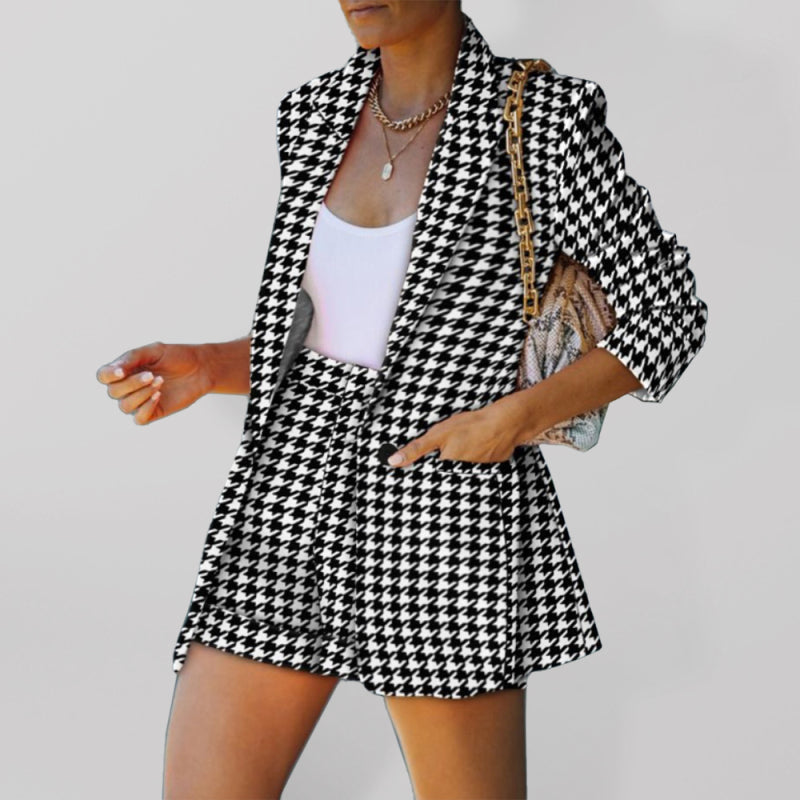Women's Houndstooth Print Blazer And Shorts Suit
