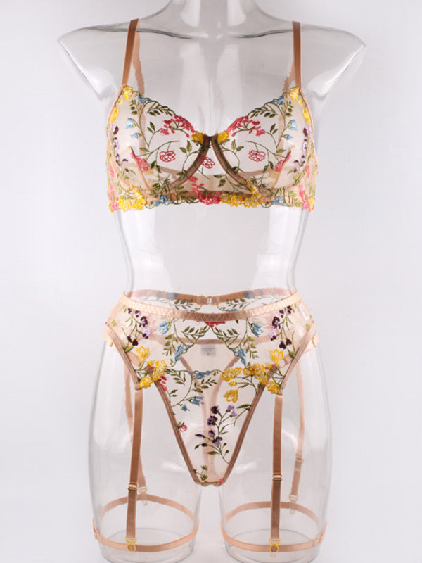 Women's Floral bra Suspenders Thong Three Piece Set