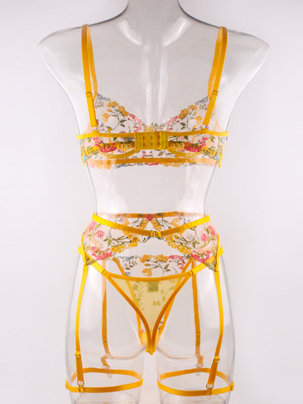 Women's Floral bra Suspenders Thong Three Piece Set