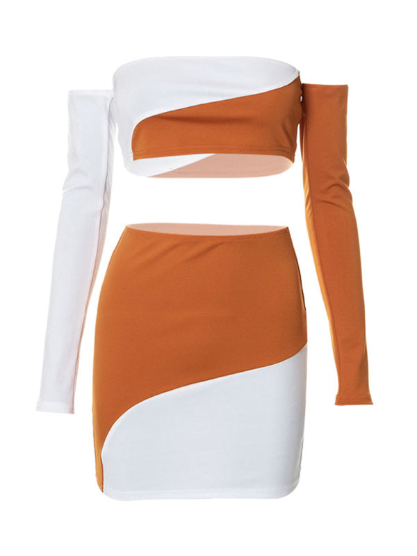 Women's off-shoulder colour block 2Pcs Skirt set