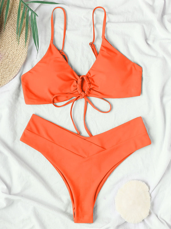 Women's Solid Colour Textured Underwire Bikini And Button Set