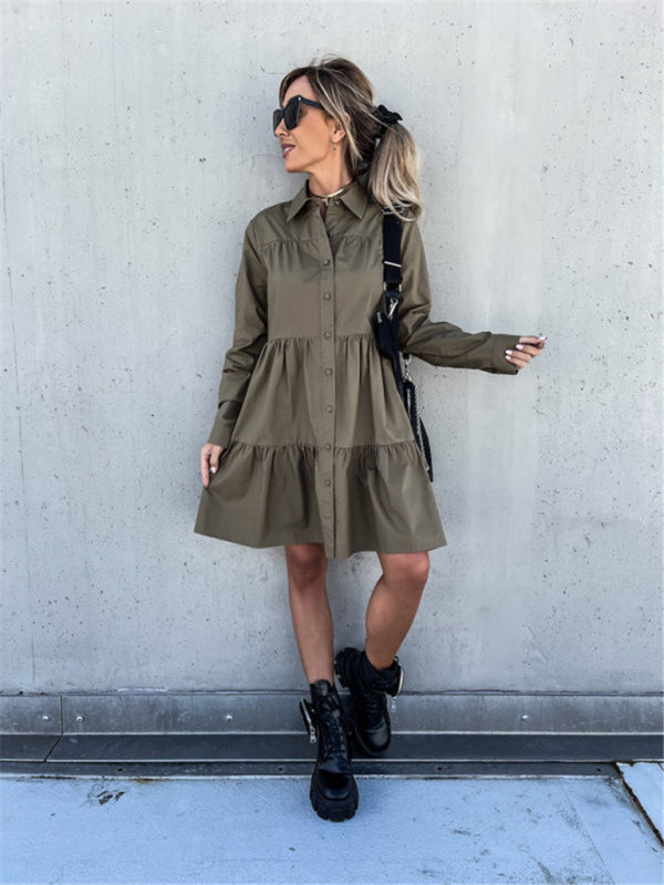 Women's Pointed Collar Long Sleeve Button-front Tiered Mini Dress