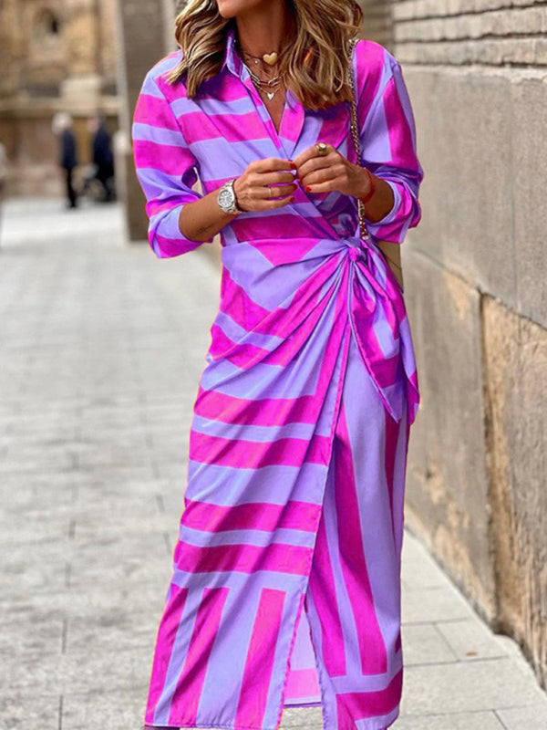 Women's Bright Print Wrap Waist Long Sleeve Shirt Dress