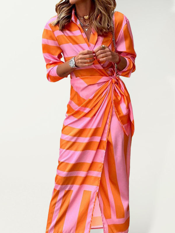 Women's Bright Print Wrap Waist Long Sleeve Shirt Dress