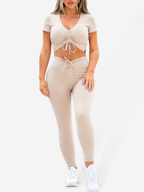 Women's Solid Colour Ruched Crop Top And Pants Set
