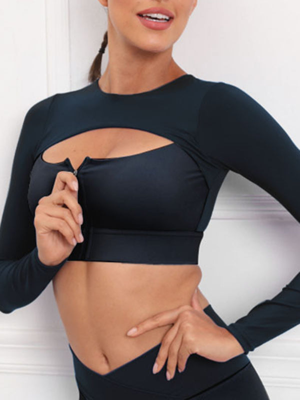 Women's Contrast Stitching Fitness Yoga Cut Out Zipper Front Long Sleeve Sports Bra