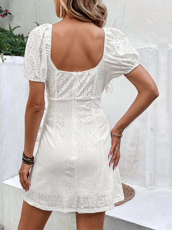 Women's French Vintage Square Neck White Backless Dress