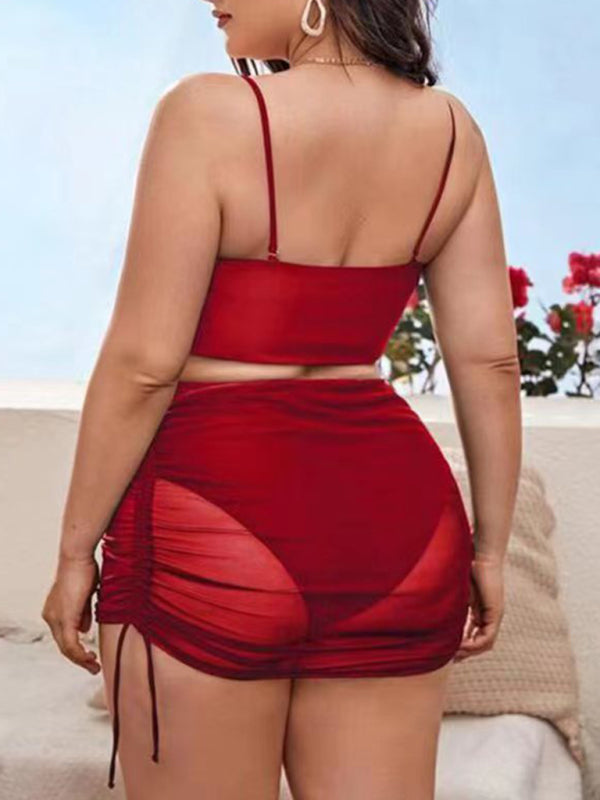 Women's Plus Size Sling Backless Mesh Drawstring Bikini Set