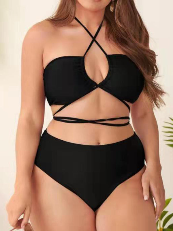 Women's Plus Size Halter Backless Cross Strap Bikini Set