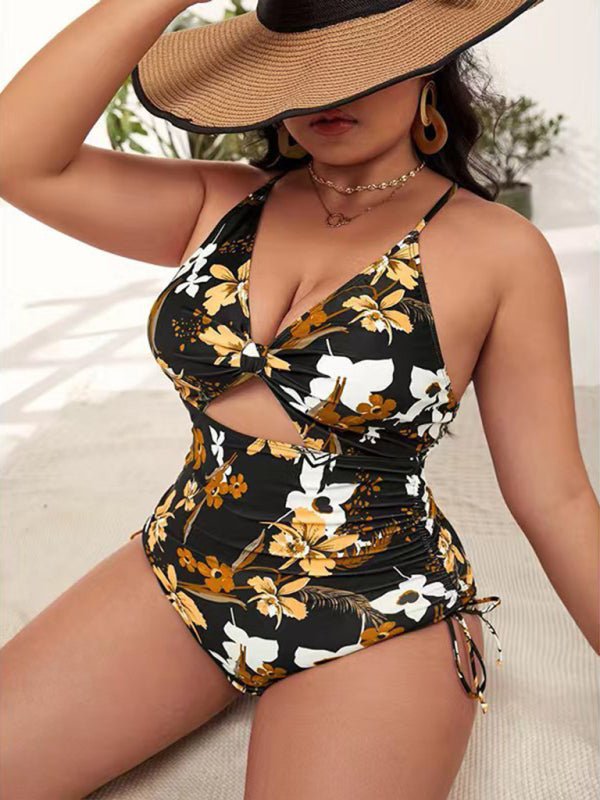 Women's Plus Size Printed Push-up Hollow One-Piece Swimsuit