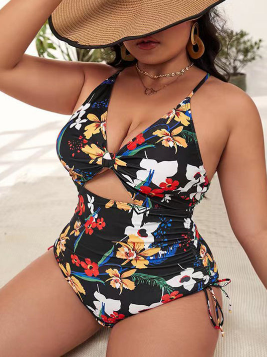 Women's Plus Size Printed Push-up Hollow One-Piece Swimsuit