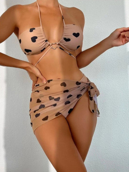 Women's 3 PCS  Heart Print Halter Bikini Swimsuit & Beach Skirt