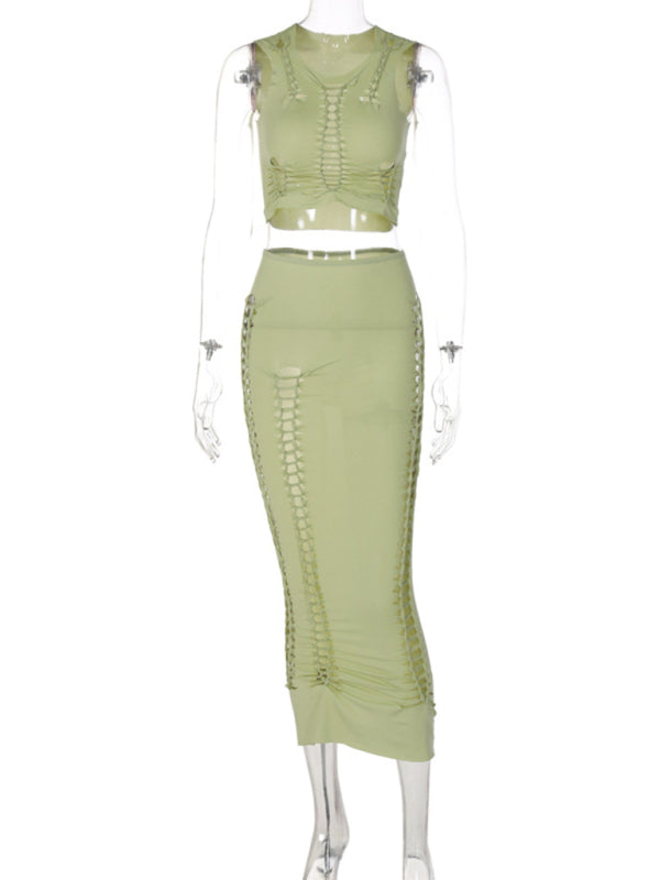 Women's Hollow Round Neck Vest Slim Skirt Set