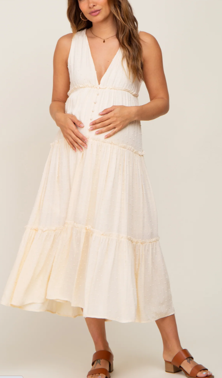 Women's Ivory Polka Dot Sleeveless Layered Maternity Midi Dress
