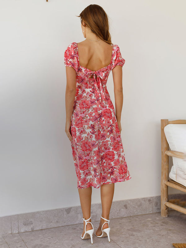 Women's Floral Print Puff Sleev Front Slit Midi Dress