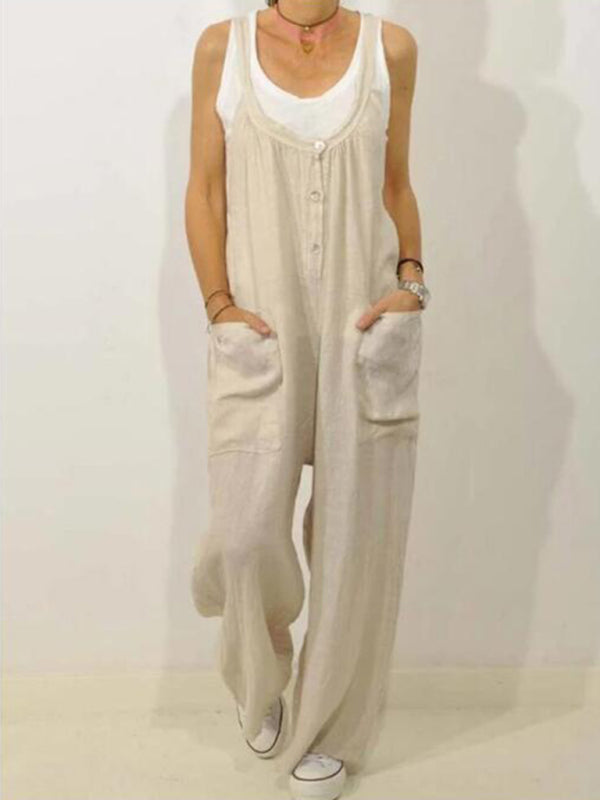 Women's Cotton Linen Overalls Pocket Solid Elastic Band Button Jumpsuit