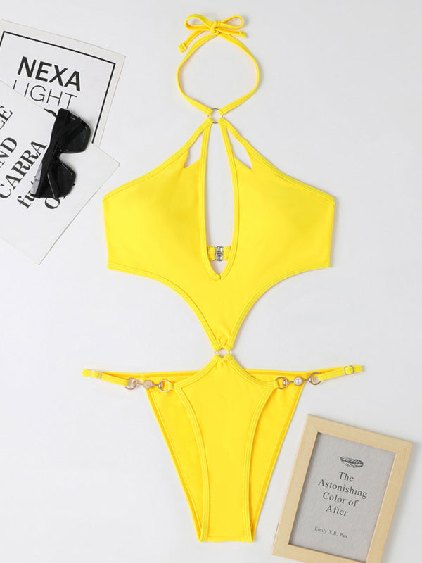 Women's Cut-out Pearl Chain Halter One-piece Bikini Swimwear Sets