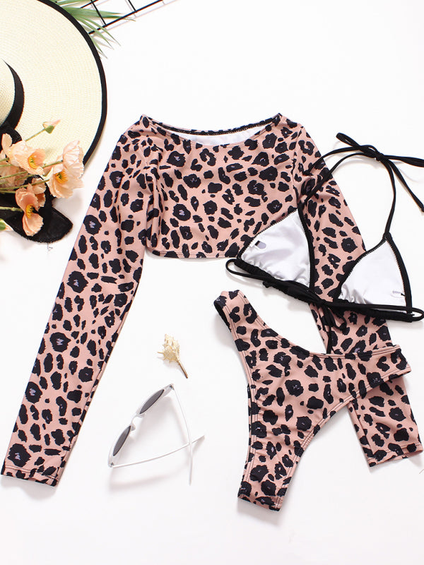 Women's Braided Rope leopard print long-sleeved print split Three-piece swimsuit
