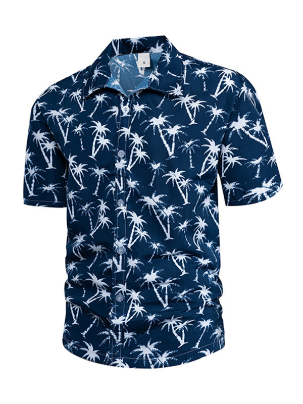 Men's Hawaiian Palm Tree Print Short Sleeve Button-Up Shirt