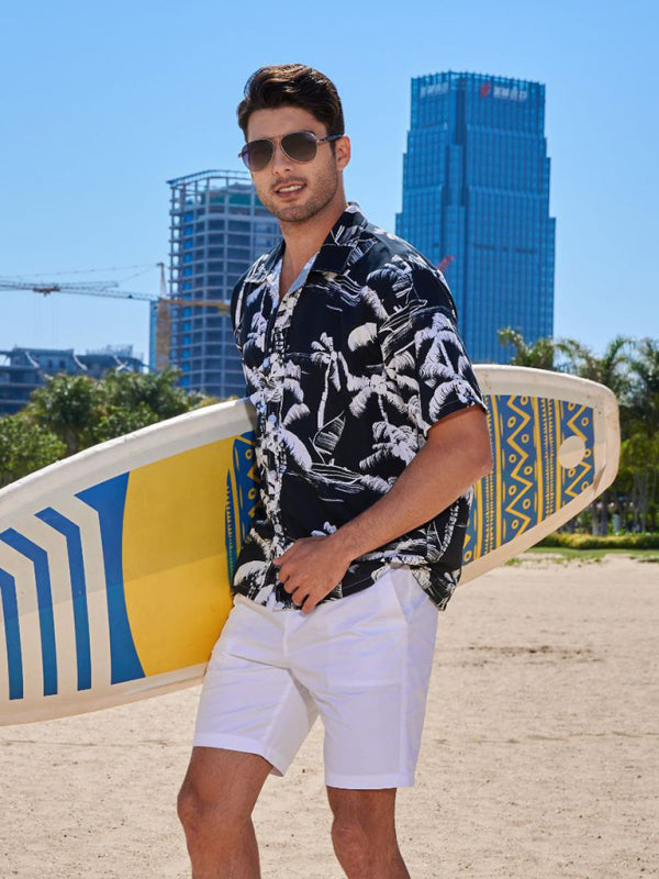 Men's Hawaiian Palm Tree Print Short Sleeve Button-Up Shirt