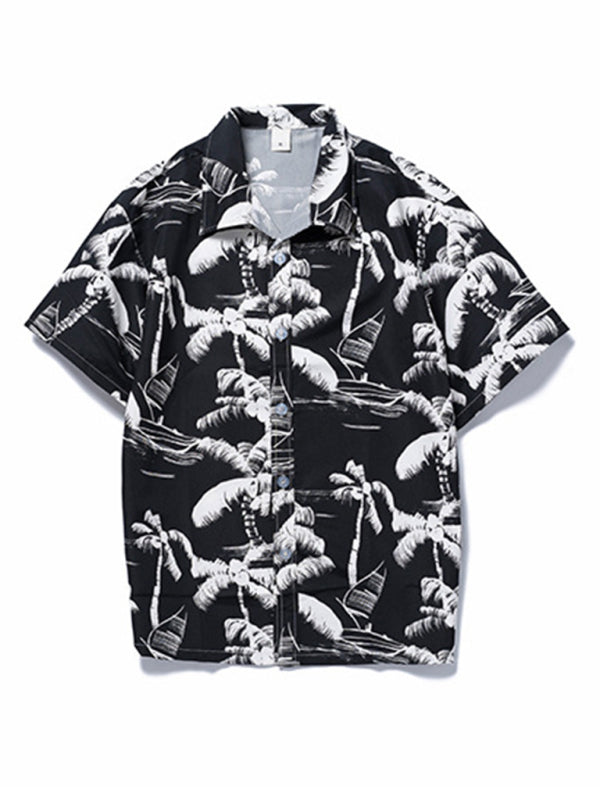 Men's Hawaiian Palm Tree Print Short Sleeve Button-Up Shirt