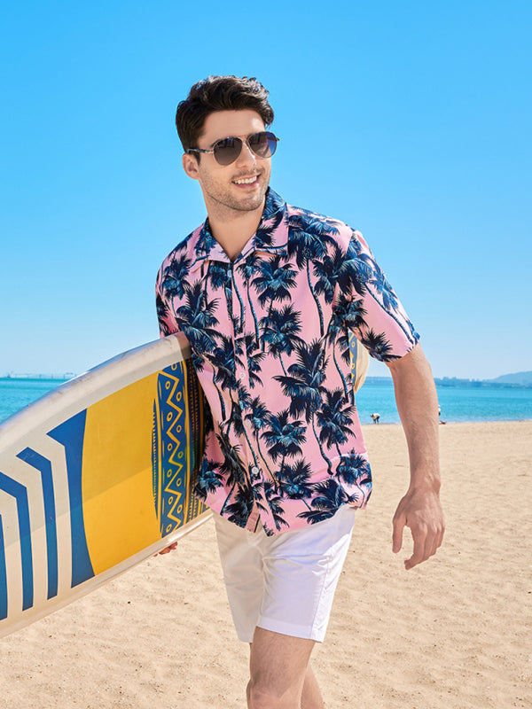 Men's Hawaiian Palm Tree Print Short Sleeve Button-Up Shirt