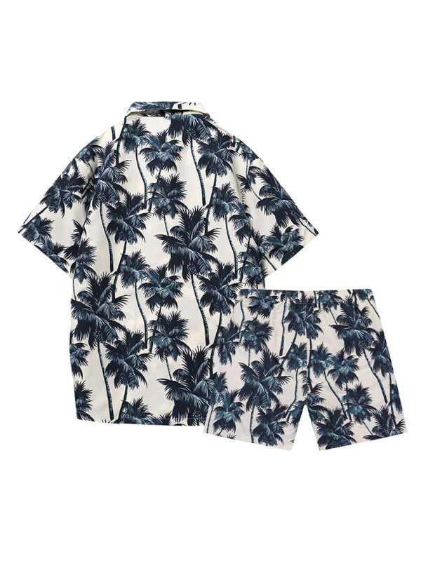 Men's Hawaiian Palm Tree Print Short Sleeve Button-Up Shirt and Short Sets