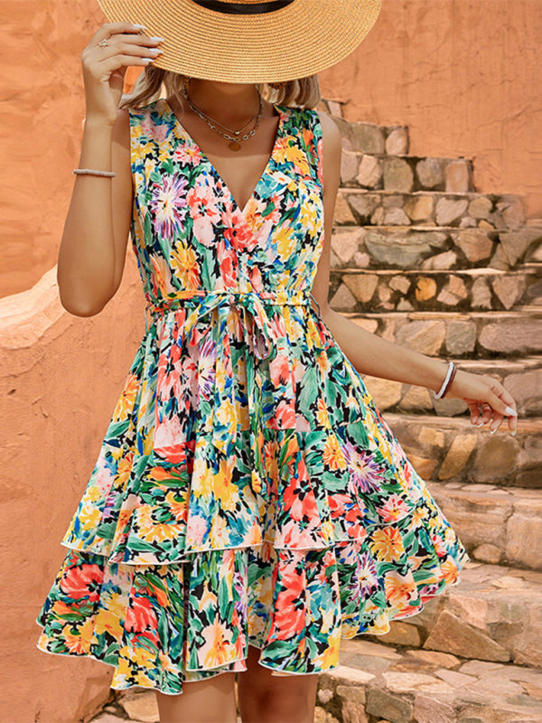 Women's Floral Print Sleeveless Ruffle Mini Dress