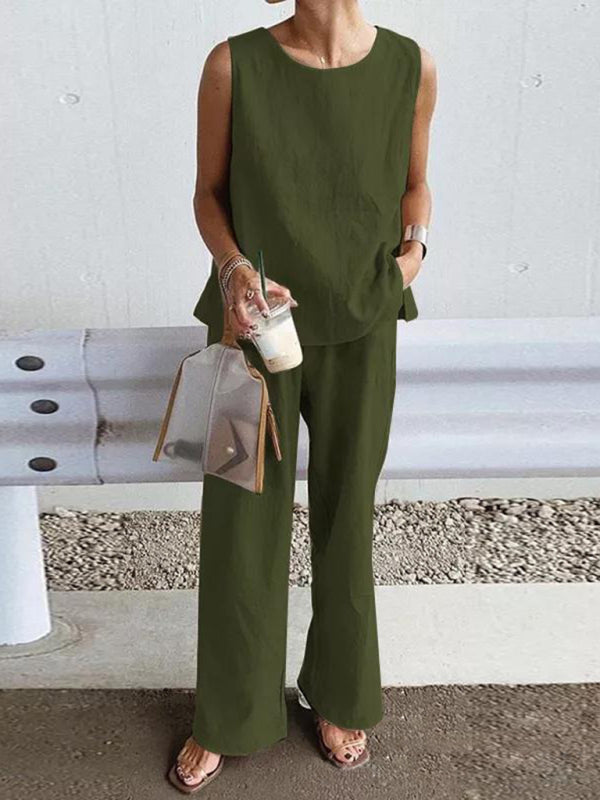 Women's Loose Sleeveless Slit Vest and Trousers Set